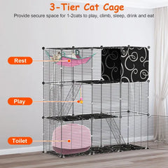 3-Tier Cat Cage Enclosure Indoor Cat Cage Playpen With Hammock Toy Ball Ladder DIY Iron Wire Cat House Kennels Crate For 1-2 Cats Ferret Rabbit Small Animals