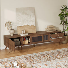 76 Modern Minimal Glass-Doors TV Stand For TVs Up To 85 Inches, Wood-Grain Entertainment Center With Storage Cabinets, TV Media Console Table For Living Room, Bedroom