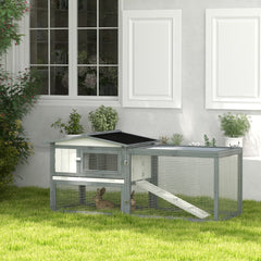Large Rabbit Cage Outdoor 61"L Guinea Pig Hutch w/ Run Feeding Trough Removable Tray Ramp Asphalt Roof, White