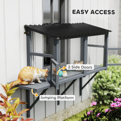 Wooden Cat Catio, Outdoor Cat Enclosure Window Perch with Jumping Platform, for Safely Enjoying Outdoor Sights, Gray