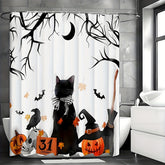 Spooky Halloween Shower Curtain Set - Vibrant Printed Design,12 Hooks - 1Pcs, Pumpkin Lantern, Black Cat, Crow Skull, Broom, Bat, Dead Branch Design