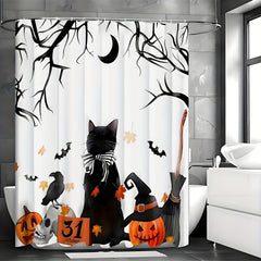 Spooky Halloween Shower Curtain Set - Vibrant Printed Design,12 Hooks - 1Pcs, Pumpkin Lantern, Black Cat, Crow Skull, Broom, Bat, Dead Branch Design