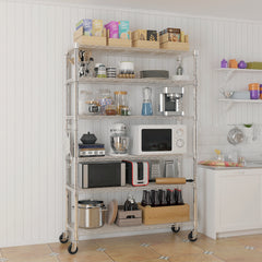 6-Tier Modular Shelving Unit With 1 Row Of Side Hooks Features Adjustable Feet And Casters Iron Construction Freely Adjustable Shelf Spacing Home Shelving Unit 117x45x208cm Silver Paint Finish
