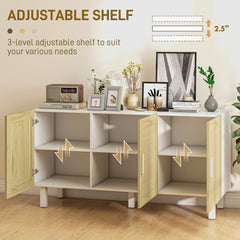 Boho Kitchen Cabinet, Buffet Cabinet with 3 Rattan Doors and Adjustable Shelves for Dining Room, White and Natural
