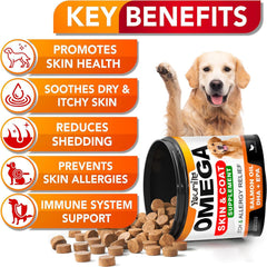Youmile Omega 3 For Dogs - 120Ct Fish Oil Treats - Allergy & Itch Relief Skin & Coat Supplement - Dry Itchy Skin, Anti Shedding & Hot Spots Treatment - Pet Salmon Oil Chews - Chicken Flavor Dog Vit