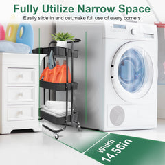 Black-White Color Options 1Pc 3 Tier Rolling Utility Cart Movable Storage Organizer With Mesh Baskets Lockable Wheels 360 Degree Rotatable Hanging Box Hooks Bedroom Bathroom Kitchen
