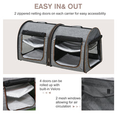 39" Portable Soft-Sided Cat Carrier, Cat Kennel, Travel Dog Crate with Divider, Two Compartments, Soft Cushions & Storage Bag, Easy to Fold, Light Gray