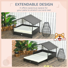 Outdoor Dog Bed Extendable Wicker Dog Bed w/ Waterproof Roof, Soft Cushion, for Small and Medium Dogs, Cream White