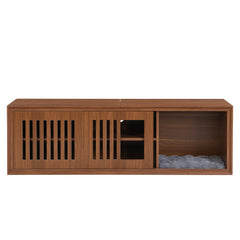 Mid-Century Modern 54.3 Extendable TV Stand Up To With Cat House Litter Box Enclosure Walnut Wood Entertainment Center, Sliding Doors, Hidden Pet Furniture