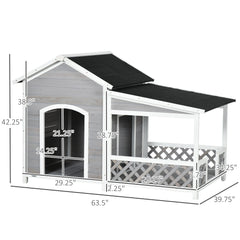 Wooden Dog House Outdoor with Porch, Cabin Style Raised Dog Shelter with Asphalt Roof, Doors, and Shutter Window, for Medium Large Sized Dog, Light Gray