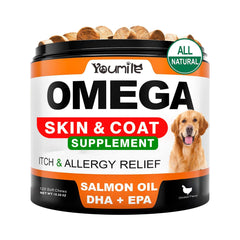 Youmile Omega 3 For Dogs - 120Ct Fish Oil Treats - Allergy & Itch Relief Skin & Coat Supplement - Dry Itchy Skin, Anti Shedding & Hot Spots Treatment - Pet Salmon Oil Chews - Chicken Flavor Dog Vit