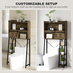 Over the Toilet Storage Cabinet, Over Toilet Bathroom Organizer with 3 Compartments, 4 Open Shelves, Distressed Brown