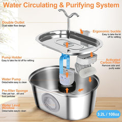 3.2L Cowhorn Model Pet Water Dispenser - Stainless Steel Automatic Water Fountain With 4 Replaceable Filters