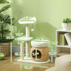 31" Cat Tree Tower with Scratching Posts, Cat Condo, Beds, Platform and Toy Ball for Indoor Cats, Cream White