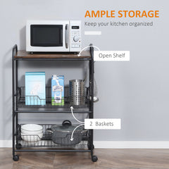 3 Tier Kitchen Cart with Storage, Rolling Kitchen Island Cart with 2 Sliding Fruit Basket and Side Hooks for Dining Room, Rustic Brown