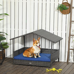 Wicker Dog House with Removable Cushion Lounge, Dark Blue