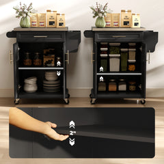 Kitchen Island on Wheels, Rolling Kitchen Cart with Stainless Steel Countertop, Drawer, Towel Rack and Spice Rack, Utility Storage Trolley, Black