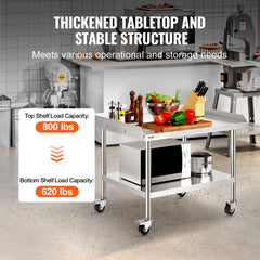 Stainless Steel Work Table, 30 X 36 X 30 Inch Commercial Food Prep Worktable With 4 Wheels, Casters, 3-Sided Backsplash Heavy Duty Prep Worktable, Metal Work Table For Restaurant Home Hotel