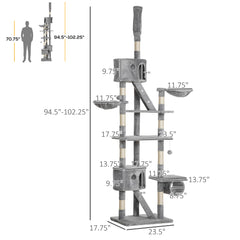 Floor to Ceiling Cat Tree, 94.5-102.5 inch Height Adjustable Cat Climbing Tower with Scratching Posts, Condos, Hammocks