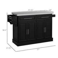 Rolling Kitchen Island Cart with Wheels, Portable Island Table for Kitchen with Stainless Steel Top, Adjustable Shelves, 2 Drawers, Spice, Knife and Towel Rack, Black