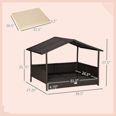 Wicker Dog House Outdoor with Canopy, Rattan Dog Bed with Water-resistant Cushion, Raised Dog Bed for Small, Medium Dogs up to 66 lbs, 19.75" in Length, Brown Wicker, White Cushion