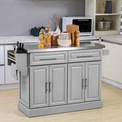 Rolling Kitchen Island Cart with Wheels, Portable Island Table for Kitchen with Stainless Steel Top, Adjustable Shelves, 2 Drawers, Spice, Knife and Towel Rack, Gray