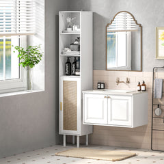 Tall Bathroom Cabinet with Rattan Doors, Freestanding Bathroom Storage Cabinet with Adjustable Shelves, White
