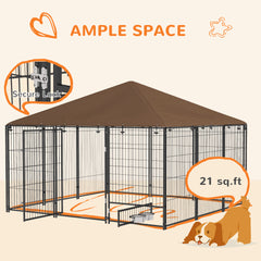 6.9' x 6.9' x 5' Outdoor Dog Kennel with Canopy Garden Playpen Fence Crate Enclosure Cage Rotating Bowl, Coffee