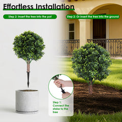 2 Packs Faux Boxwood Ball Trees Artificial Peanut Topiary Tree UV Resistant Artificial Shrubs Fake Plants Evergreen Artificial Bush With Ground Spike For Indoor Outdoor Front Porch Garden