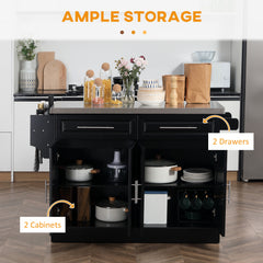 Rolling Kitchen Island Cart with Wheels, Portable Island Table for Kitchen with Stainless Steel Top, Adjustable Shelves, 2 Drawers, Spice, Knife and Towel Rack, Black