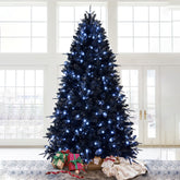 Prelit Black Christmas Tree With White Lights Artificial Fake Christmas Tree With PE&PVC Branch Tips For Halloween And Xmas Tree For Holiday Decorations, Metal Stand And Hinged Branches