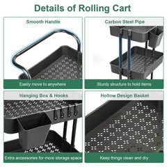 3 Tier Rolling Utility Cart Movable Storage Organizer With Mesh Baskets Lockable Wheels 360 Degree Rotatable Hanging Box Hooks Bedroom Bathroom Kitchen