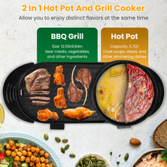 2200W 2 In 1 Electric Hot Pot With BBQ Grill Cooker Smokeless Non-Stick Korean BBQ Grill Shabu Shabu Hot Pot With Independent Temperature Control 5 Gears Firepower For 2-10 People