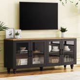 ON-TREND Farmhouse TV Stand With Tempered Glass Doors For TVs Up To 70, Versatile Sideboard With Adjustable Shelves, Elegant Buffet Cabinet With 5 Solid Wood Gourd-Shaped Legs For Living Room, Black