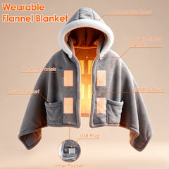 8-Zone Wearable Heated Blanket - 3 Adjustable Heat Levels, 59x31in Soft Flannel, USB-Powered Portable Design With Pockets, Machine Washable Winter Warmth