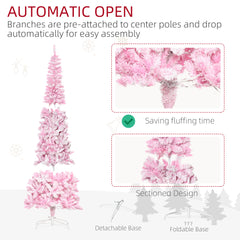 7.5ft Prelit Snow Flocked Artificial Christmas Tree with Pencil Shape, Pine Realistic Branches, Warm White LED lights, Auto Open, Pink and White