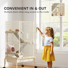 47" Small Animal Cage, 4 Levels Large Rolling Metal Ferret Cage w/ 5.9" Deep Tray, Ramps, Water Bottle, Food Dish, Beige