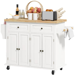 Kitchen Island on Wheels, Rolling Cart with Rubberwood Top, Spice Rack, Towel Rack and Drawers, Cream White