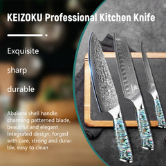 Damascus Steel Chef Knife 8 Inch, Santoku Knife, Boning Knife, Japanese Professional 10Cr15MOV Blade With Hand Forged Hammer Pattern, Ultra Sharp Kitchen Knife With Abalone Shell Ergonomic Handle