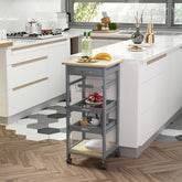 Mobile Kitchen Cart, Rolling Kitchen Island with Storage, Solid Wood Frame Utility Cart with Wire Fruit Baskets, Trays and Drawer, Gray