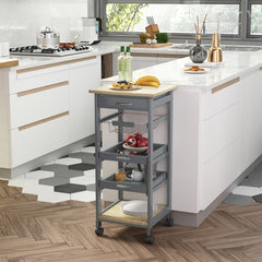 Mobile Kitchen Cart, Rolling Kitchen Island with Storage, Solid Wood Frame Utility Cart with Wire Fruit Baskets, Trays and Drawer, Gray