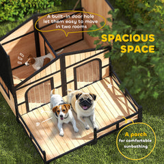 Dog House Outdoor, Wooden Dog Kennel Weatherproof with Porch, Openable Roof, Removable Bottom, Elevated Floor, Double Room for 2 Small to Medium Breeds, Natural