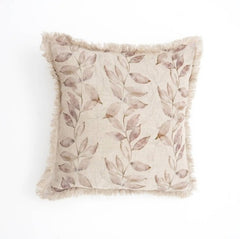 Linen Printed Cushion With Fringes Brown