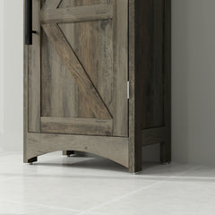 Farmhouse Tall Slim Bathroom Storage Cabinet with Recessed Drawer, Narrow Cabinet with Barn Door, Weathered Gray Oak