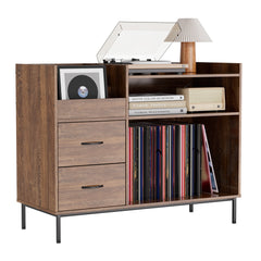 Record Player Stand With Adjustable Shelves, Holds 350 Vinyls, Media Console With Speaker Shelf & 2 Drawers, 27.6 Turntable TV Stand For Living Room, Bedroom, Some Assembly Required