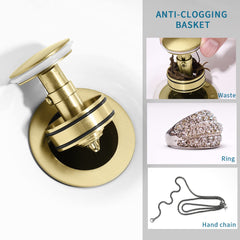 GELE Bathroom Sink Drain Vanity Sink Drain With Strainer Basket, Vessel Sink Lavatory, Anti-Clogging, Pop-Up, Stainless Steel, Brushed Gold Finish