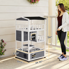 Wooden Outdoor Cat House, Feral Cat Shelter Kitten Condo with Asphalt Roof, Escape Doors, Condo, Jumping Platform, Gray