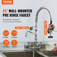 Commercial Faucet With Pre-Rinse Sprayer, 25' Height, 8' Center, 12' Swing Spout, Wall Mount Kitchen Sink Faucet, Brass Constructed Device With Pull Down Spray, For 1/2/3 Compartment Sink