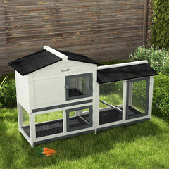 62" Rabbit Hutch, Wooden Bunny Hutch, Guinea Pig Cage, Small Animal Enclosure with Run Area, Removable Tray, Asphalt Roof, Lockable Doors and Ramp, for Rabbits, Chickens, Ducks, White