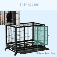 PawHut Heavy Duty Dog Crate With Removable Tray, Lockable Wheels And Double Door, For Medium And Large Dogs, Black